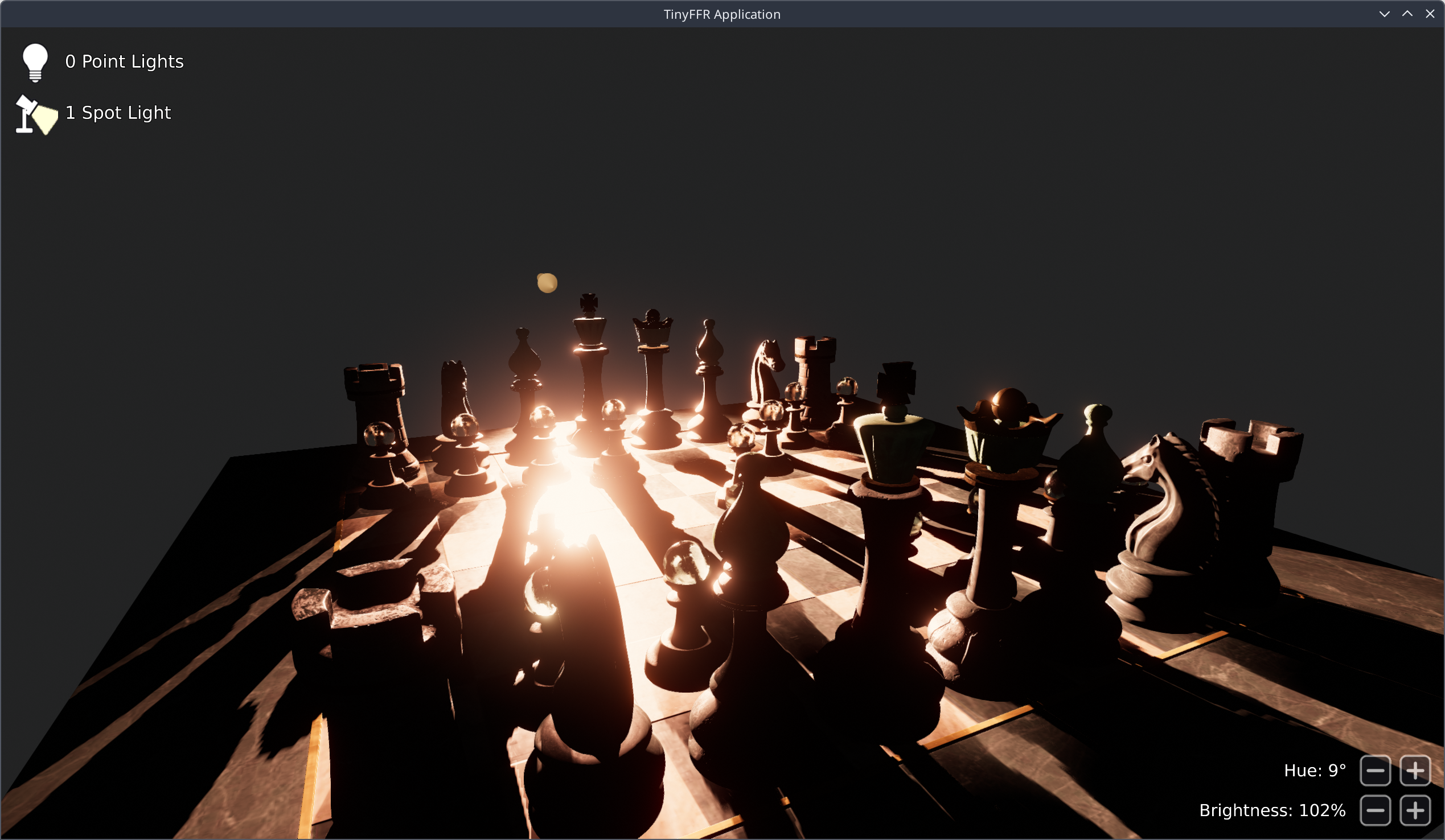 Image showing a chess set in a metro station, with light counts in the top-left corner and hue/brightness buttons in the bottom-right corner.