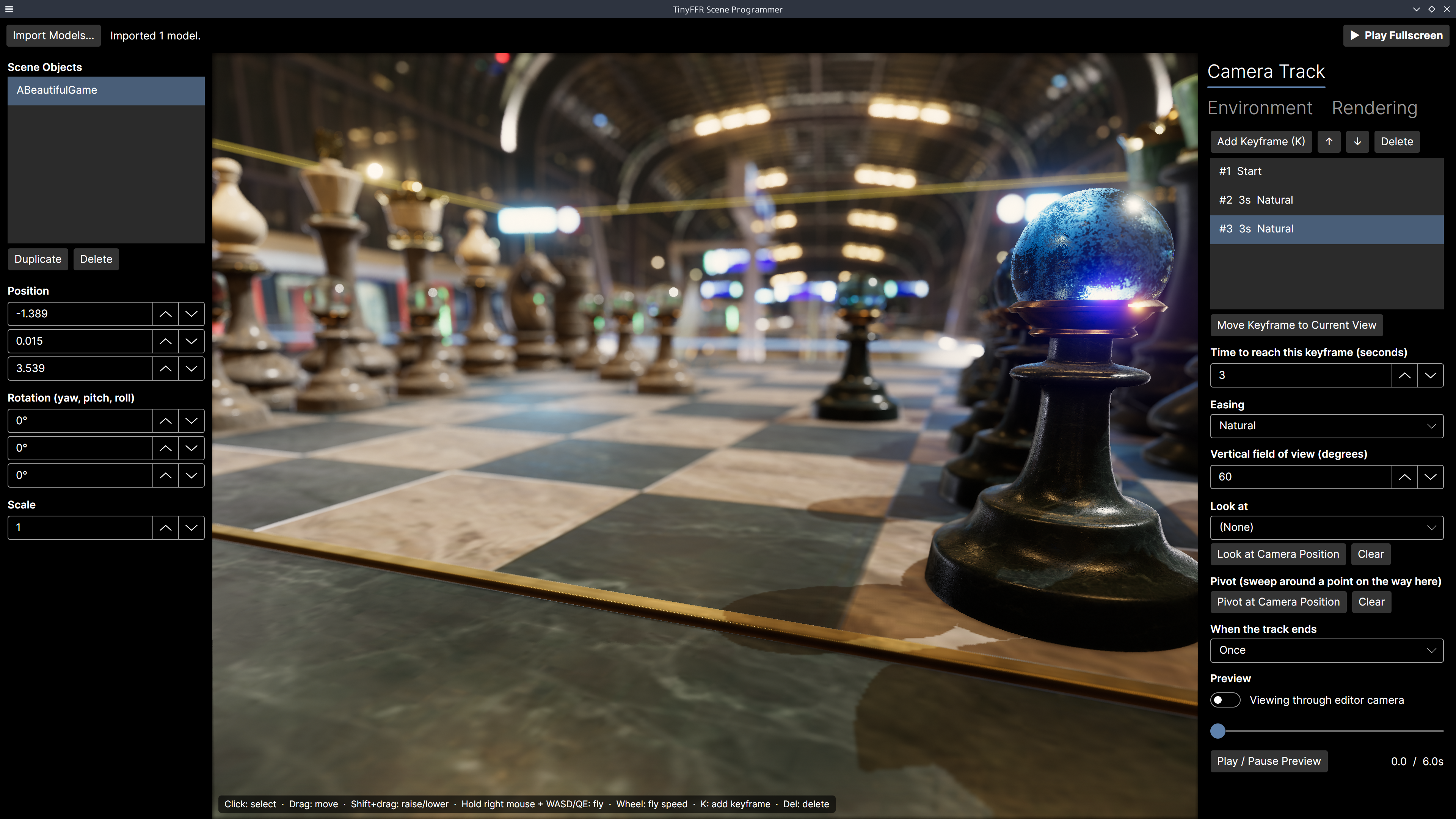 Image showing the Scene Programmer editor: a list of scene objects on the left, a 3D view in the middle with a camera track drawn over a grid, and keyframe settings on the right.